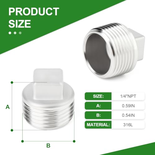 TAISHER 5Pcs 316 SS Cast Square Head 1/4"NPT Male Socket Pipe Plug - size: 1/4" MNPT(316 Plug)