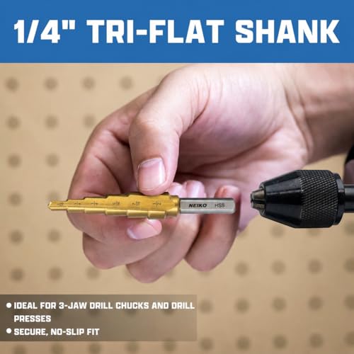 NEIKO 10614A Step Drill Bit, 2 Steps 3/8" to 1/2" Straight High Speed Steel, Titanium Nitride Coated, 1/4" Tri Flat Step Bits for Steel, Metal, Wood, Plastic, Unibit Cone Drill Bits, Two Flute - size: #6 (3/8 - 1/2", 2S), style: Straight