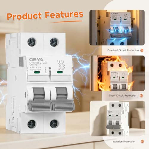 GEYA 2P 16A 300VDC Non-Polar Miniature Circuit Breaker,6kA Breaking Capacity,C Curve MCB,DIN Rail Mount, Thermal Magnetic Trip for Screen, Energy Storage and Other DC Non-Polar Applications - size: 16 Amps+DIN Rail