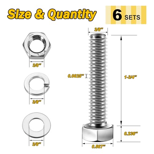 Mywish (6 Sets) 3/8-16x1-3/4 Hex Head Assorted Screws Nuts and Bolts with Flat & Lock Washers, 304 Stainless Steel 18-8, Fully Threaded, 3/8 Bolt Metric Bolt Assortment - size: 3/8-16 x 1-3/4 (6 set)
