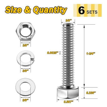 Mywish (6 Sets) 3/8-16x1-3/4 Hex Head Assorted Screws Nuts and Bolts with Flat & Lock Washers, 304 Stainless Steel 18-8, Fully Threaded, 3/8 Bolt Metric Bolt Assortment - size: 3/8-16 x 1-3/4 (6 set)
