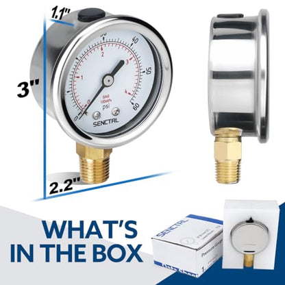 SENCTRL 0-60 Psi Low Pressure Gauge, 1/4 NPT Lower Mount - size: 0-60Psi, style: Lower Mount