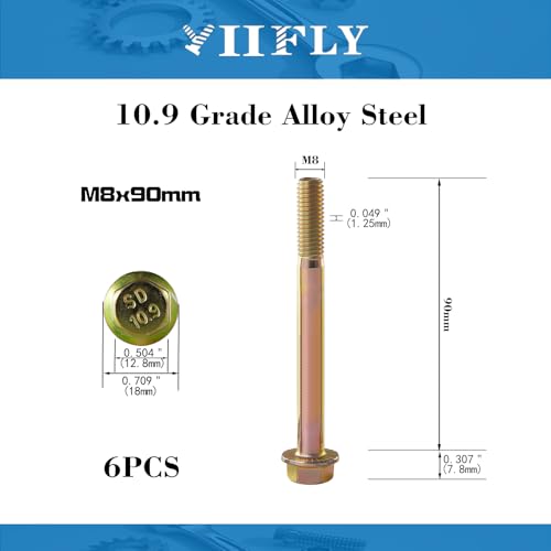M8 x 90mm Flanged Hex Head Bolts, M8x1.25 Pitch, Grade 10.9 Alloy Steel, Color Zinc Plated, Half Thread, 6 Pack - size: M8 x 90mm(6PCS)