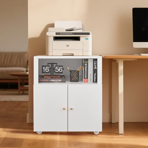 Large Metal Printer Stand Cabinet with Storage and Wheels, White - color: White