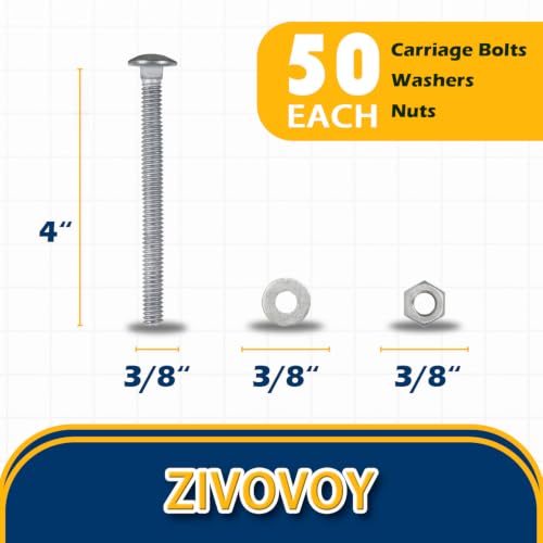 3/8" x 4" Hot Dip Galvanized Grade 307A Carriage Bolt Kit, 50 Pack, Comes with 3/8" USS Flat Washers & 3/8"-16 Hex Nuts, Heavy Duty Exterior Construction Use - size: 3/8"x4"