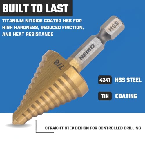 NEIKO 10620A Step Drill Bit, 1 Step 7/8" Straight High Speed Steel, Titanium Nitride Coated, 1/4" Quick Change Step Bits for Steel, Metal, Wood, Plastic, Unibit Cone Drill Bits, Two Flute - size: #7 (7/8", 1S), style: Straight