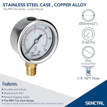 SENCTRL 0-60 Psi Low Pressure Gauge, 1/4 NPT Lower Mount - size: 0-60Psi, style: Lower Mount
