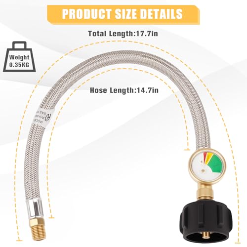 2PCS 15 IN RV Propane Hose with Pressure Gauge, 1/4" Male, 250PSI