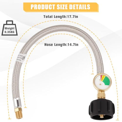 2PCS 15 IN RV Propane Hose with Pressure Gauge, 1/4" Male, 250PSI