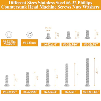 244 Pieces #6-32 x 1/4", 5/16", 3/8", 1/2", 5/8", 3/4", 1", 1-1/4", Phillips Countersunk Head Machine Screws Nuts Washers Assortment Kit - size: #6-32, style: Phillips Countersunk Head