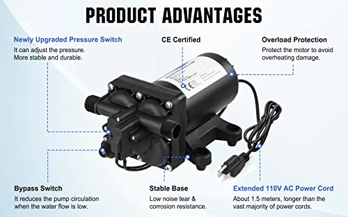 ECO-WORTHY Industrial Water Pressure Diaphragm Pump 110V 5.5GPM 55PSI On Demand RV Fresh Water Pump 110Volt include Garden Hose Adapters for Transfer Booster Heater Barrel Sprinkle Irrigation - color: Black 6