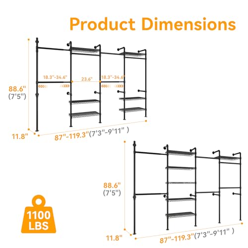 Higeego W4 Wall Mounted Clothes Rack, Industrial Pipe Clothing Rack, Black - color: Black
