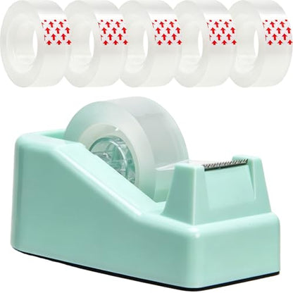 Tape Dispenser Desk,Desktop Tape Dispenser, Tape Dispenser with Weighted Non-Skid Base, Includes 6 Rolls Transparent Tape (0.71" x 1000"),Heavy Duty Tape Holder for Office, Home, School(Green) - color: Green