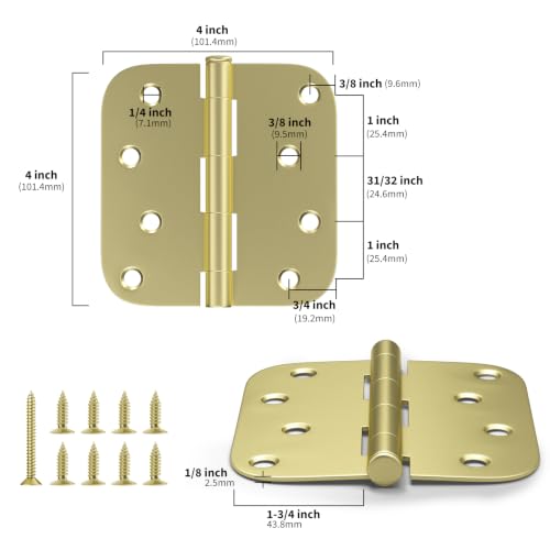 Goldenwarm 4"x 4" 12 Pack Satin Brass Door Hinges 5/8" Radius Corners - color: Satin Brass