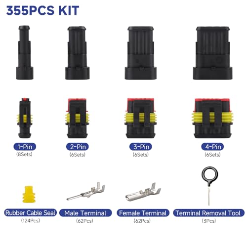355Pcs 26 Sets Waterproof Automotive Wire Connectors with Ratchet Open Crimping Tool - 1/2/3/4 Pin Connectors Male and Female for Cars Motorcycles & Boats - 22-16 AWG