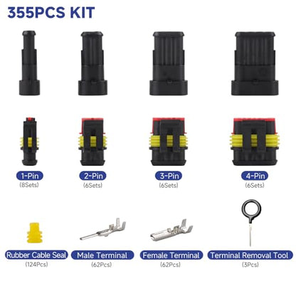 355Pcs 26 Sets Waterproof Automotive Wire Connectors with Ratchet Open Crimping Tool - 1/2/3/4 Pin Connectors Male and Female for Cars Motorcycles & Boats - 22-16 AWG