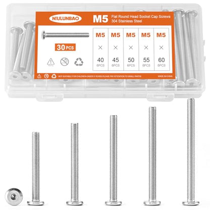 M5 x 40mm 45mm 50mm 55mm 60mm Flat Round Head Hex Socket Cap Screws Bolts, Furniture Screws, 304 Stainless Steel, Allen Hex Drive, Metric Fully Threaded, Bright Finish, Assortment Kit 30PCS - size: M5 x 40/45/50/55/60mm (30PCS)