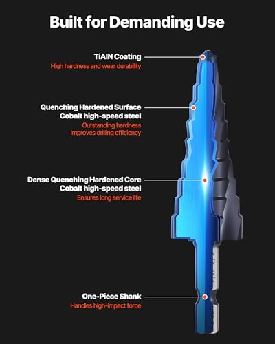 VEVOR Step Drill Bit Set, 1/8-7/8 inch, 3 Pieces Step Drill Bits, 1/4 inch Hex Shank, TiAlN Coating Cobalt HSS High Speed Steel, for Metal, Stainless Steel, Aluminum, Wood, Plastic, Fiberglass - size: 1/8-7/8" (3-Piece Set)