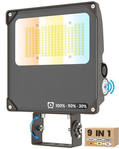 YARBO 9-in-1 LED Flood Light, 80W/60W/40W & 5000K/4000K/3000K Selectable, Timer Dimming & Dusk-to-Dawn Photocell, 12000LM IP65 Waterproof ETL Listed 100-277V, Trunnion Mount for Patio Garage Backyard - size: 80W/60W/40W Selectable || Trunnion Mount