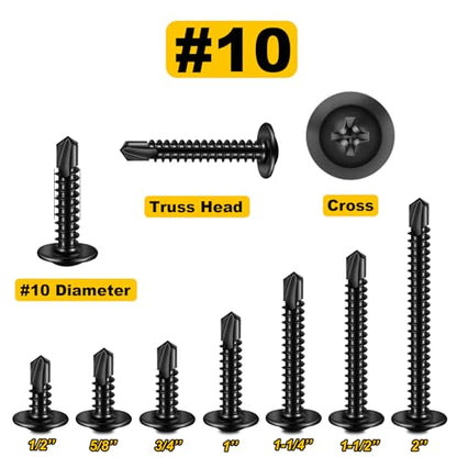 Mywish 150Pcs #10×1-1/2" Black Self Tapping Screws for Metal, 410 Black Metal Screw Oxide, Stainless Steel Truss Head Self Drilling Screws High-Strength - color: Black, size: #10x1-1/2" (150 pcs)