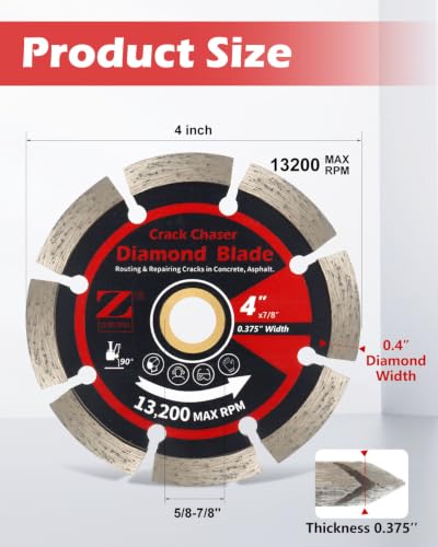 ZORUNNA 4" Diamond Crack Chaser Blade for Concrete, 3/8" Wide, 7/8" Arbor - size: 4" × 3/8" × 7/8" Bore