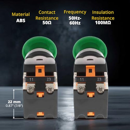 Emergency Push Button Switch, Green Mushroom Head, for Home or Industrial Equipment, Operating Rooms, Distribution Boxes, NO NC, 22mm, Stay-Put (2 Pack) - size: 2 Green, style: Stay-put