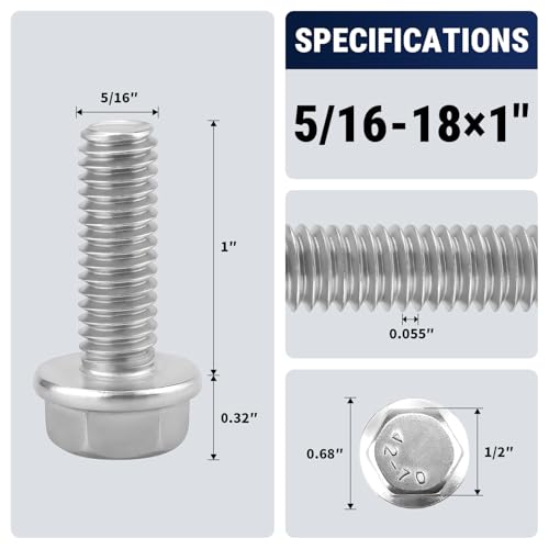 5/16-18 x 1" Flange Hex Bolts, 304 Stainless Steel 18-8, A2-70 Grade, Non-Serrated Flange Bolts for Automotive Repair, Fully Threaded, 12 Pcs - size: 5/16-18 x 1
