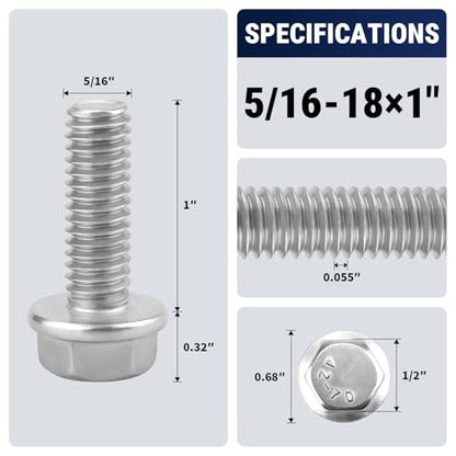 5/16-18 x 1" Flange Hex Bolts, 304 Stainless Steel 18-8, A2-70 Grade, Non-Serrated Flange Bolts for Automotive Repair, Fully Threaded, 12 Pcs - size: 5/16-18 x 1