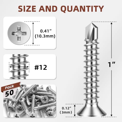 Mellewell #12 x 1 Flat Head Sheet Metal Screws, 50 PCS - color: Silver, size: #12 x 1"