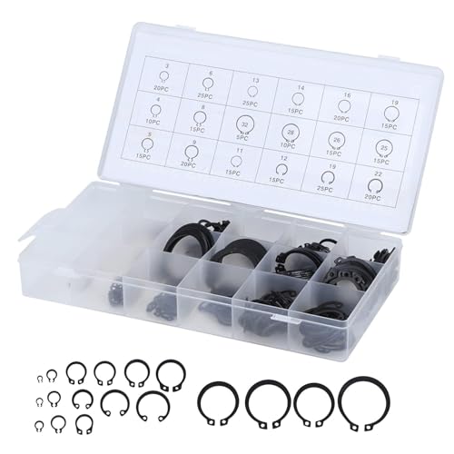 300Pcs Snap Ring Set, 2-32mm/0.08-1.26in E Clip Circlip Kit External Retaining Ring Assortment Set with Plastic Storage Case Metal Auto Parts Repair for Bearings Gears Pulleys
