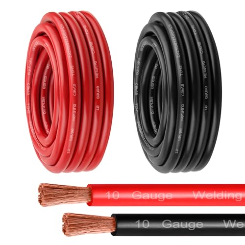 MOOKEERF 10 Gauge Battery Cable - 20FT Red + 20FT Black 10 AWG Welding Cable Flexible Stranded Oxygen-Free Pure Copper Wire for Automotive, Battery, Inverter, Solar, Marine and Generator - color: 20ft Black + 20ft Red, size: 10AWG