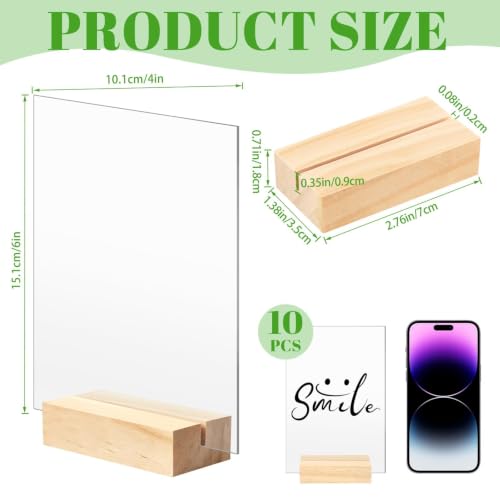 Bercoor 10 Pack 4x6 Inch Blank Clear Acrylic Sign with Wooden Stands, Rectangle Top Acrylic Sheet, DIY Acrylic Rectangle Table Numbers for DIY Name Card Gifts Event Party Sign Decoration - size: 4x6 rectangle