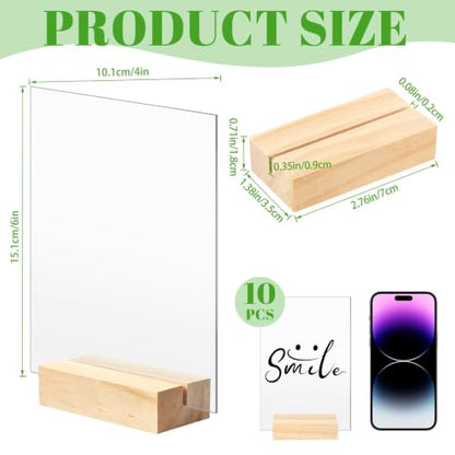 Bercoor 10 Pack 4x6 Inch Blank Clear Acrylic Sign with Wooden Stands, Rectangle Top Acrylic Sheet, DIY Acrylic Rectangle Table Numbers for DIY Name Card Gifts Event Party Sign Decoration - size: 4x6 rectangle