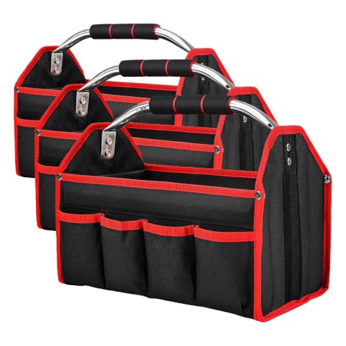 HAUTMEC 13 Inch Tool Bag, Foldable Open Top Tool Bag with Stiff Frame, Heavy-Duty Tool Tote with Padded Handle, Water-Resistant Base, Portable Tool Organizer for DIY & Jobsite Use – TB0001 (Pack of 3) - size: 13-Inch (Pack of 3), style: Foldable