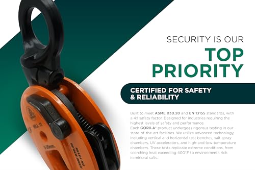 GORILA Vertical plate clamp articulated | 2200lbs/1 ton |Jaw opening 0.8 inch/20mm | Industrial and heavy duty steel plate clamp for lifting and transporting | Safety factor 4:1 | Since 1989 - size: 1t /2200lbs