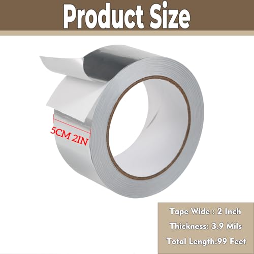Qoqooice Aluminum Foil Heavy Duty Silver Duct Tape 2 Inch 99Ft 3.9 Mils High Temperature Sealing and Patching for HVAC Air Ducts Metal Repair Foamboard Insulation Dryer Vent and More