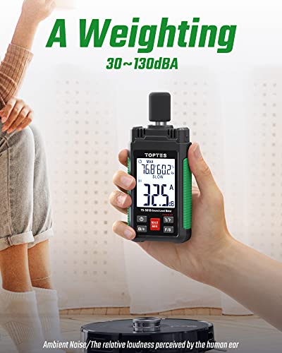Decibel Meter, TopTes TS-501B Sound Level Meter with 2.25” Backlit LCD Screen, A/C Weighted, Range 30-130dB, Temperature & Humidity, MAX/MIN, Data Hold, Use for Home, Noisy Neighbor, Factory - Green - color: Green