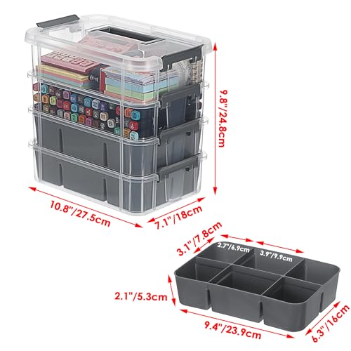 JUXYES 4-Tiers Plastic Stack Carry Storage Containers Box wih Handle Lids - color: Dark Gray