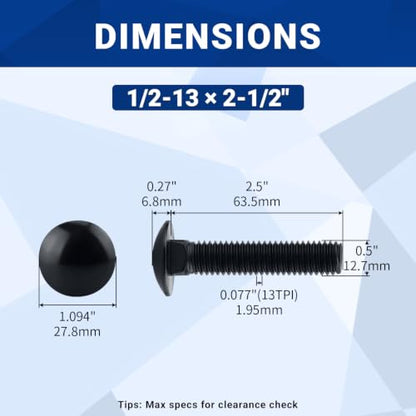 8 Sets 1/2-13 x 2-1/2" Carriage Bolt Kit & Nuts & Flat Washers Black 304 SS - size: 1/2-13 x 2-1/2" (8 Sets)