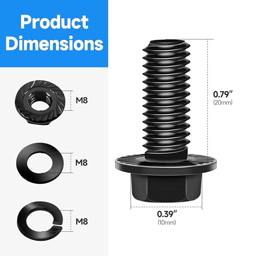 (10Sets) M8 Bolt x 20mm Flanged Hex Head Bolts, External Flange Hex Drive M8 Screws, Class 10.9 Black Zinc Plated Alloy Steel Metric M8x1.25 Bolts Kit - color: Black-M8, size: 20mm