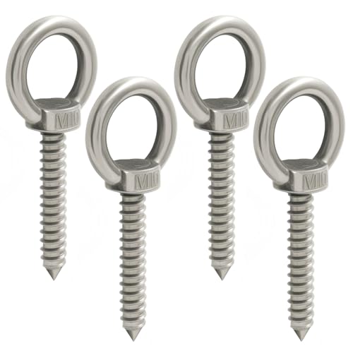4pcs Heavy Duty Screw Eye Hooks M10-4 Inch Self Tapping Stainless Steel Eyelet Screw with 500 LBS Load Capacity for Hanging, Hammock & Swing Chair - size: 4 Inch