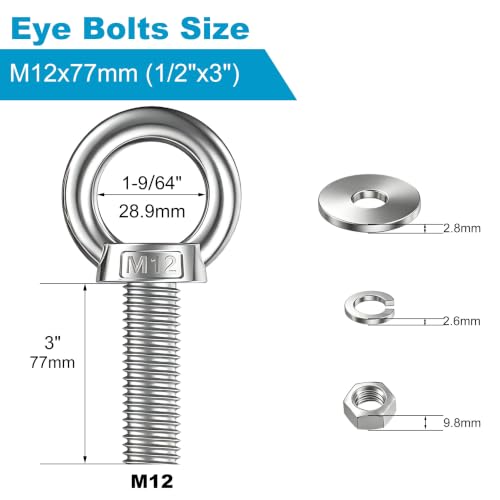 2 Pack M12 Stainless Steel Eye Bolts with Nuts and Washers, 1/2" x 3" Long Lifting Ring Eye Bolt, Heavy Duty Marine Grade 304 Eyebolts for Outdoor String Light Hanging, Tie Down Anchors - size: M12x77mm (1/2"x3")