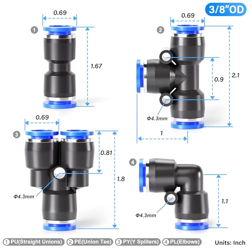 TAILONZ 3/8" Push to Connect Fitting Splitters+Elbows+Tees+Straight 8Pcs - color: Blue, size: 3/8"OD/8PCS