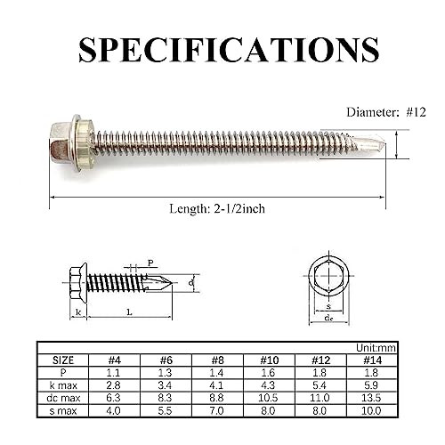 #12x2-1/2 Hex Washer Head Self Drilling Screws, 410 Stainless Steel, Self Tapping Sheet Metal Tek Screws, 25 PCS - size: 25 Pcs #12x2-1/2