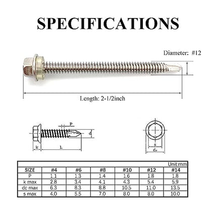 #12x2-1/2 Hex Washer Head Self Drilling Screws, 410 Stainless Steel, Self Tapping Sheet Metal Tek Screws, 25 PCS - size: 25 Pcs #12x2-1/2
