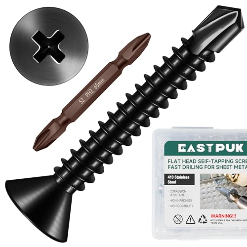 200pcs #10 x 1-1/4 Sheet Metal Self Tapping Screws Assortment Kit, 410 Stainless Steel Flat Head High-Strength Fast Self-Drilling Screws, Black Oxided - size: #10x1-1/4"