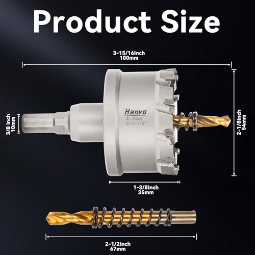 Hole Saw 2-1/8" (54mm) Heavy Duty Carbide with 2 Pilot Drill Bits - Metal Hole Cutter Cuts Stainless Steel, Iron, Copper, Brass, Plastic - size: 54mm|2-1/8"