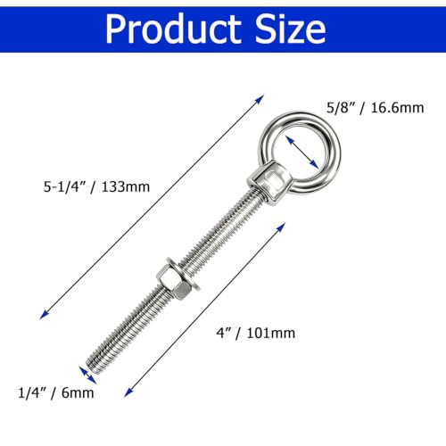 1/4" x 4" Eye Bolts with Washers＆Nuts (5 Pack) - size: 1/4" x 4"