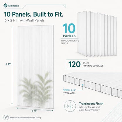 Sinimaka 10-Pack Polycarbonate Greenhouse Panels, 6 x 2 ft, 0.16 Twin-Wall Sheets, UV-Coated Translucent Roof Replacement for Greenhouses and Cold Frames - size: 6' x 2' x 0.16''