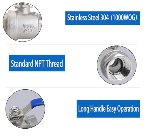 2" NPT Full Port Heavy Duty Ball Valve Stainless Steel 304 For Water,Oil and Gas with Blue Handles（1000WOG） - size: 2"NPT, style: pack of 1